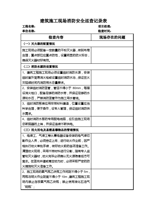 建筑施工现场消防安全巡查记录表