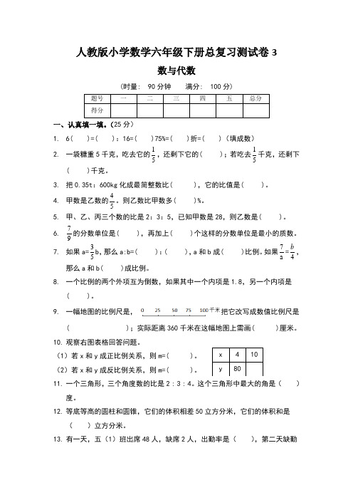 人教版六年级下册数学总复习数与代数测试卷