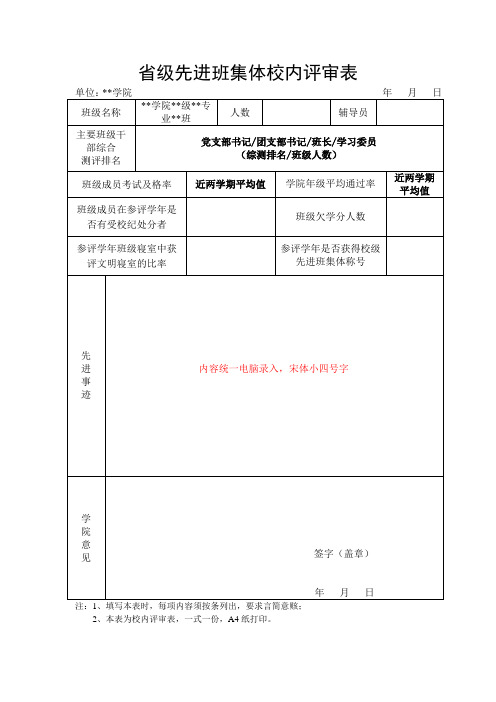 省级先进班集体校内评审表