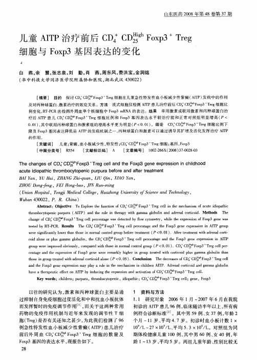 儿童AITP治疗前后CD4 +CD25 High Foxp3 +Treg细胞与Foxp3基因表达的变化