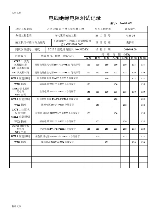 电线绝缘电阻测试记录簿