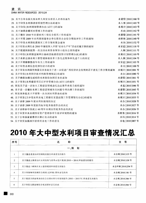 2010年大中型水利项目审查情况汇总