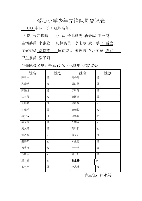 爱心小学一(4)少年先锋队员登记表