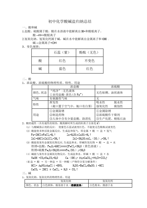 初三化学酸碱盐归纳总结