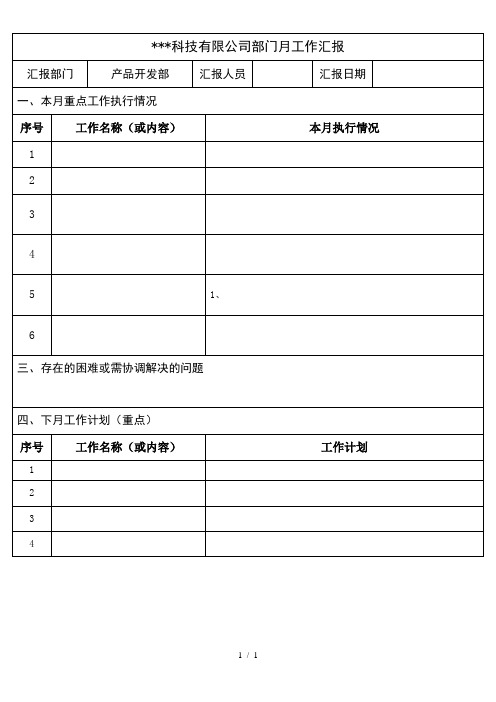 科技公司产品开发部工作月报模板