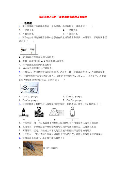 苏科苏教八年级下册物理期末试卷及答案全