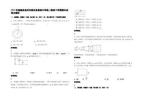 2021年福建省泉州市惠安县惠南中学高二物理下学期期末试卷带解析