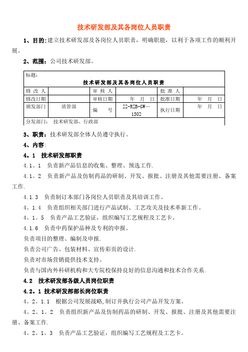 技术研发部各岗位职责