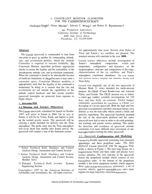 Abstract A CONSTRAINT MONITOR ALGORITHM FOR THE CASSIN1 SPACECRA~