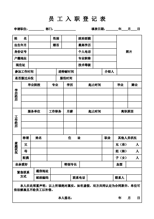 员工入职登记表(模板)