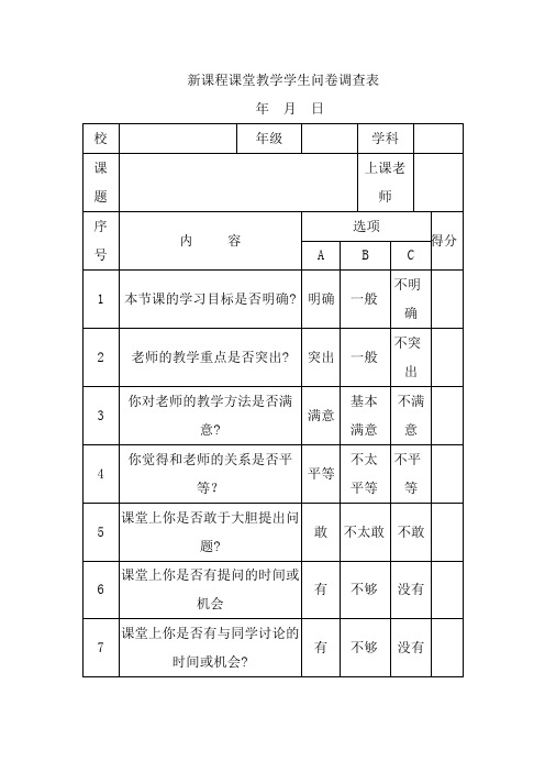 新课程课堂教学学生问卷调查表