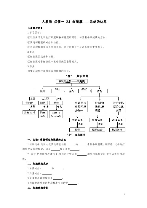 高一人教版生物必修一导学案_3.1_细胞膜——系统的边界