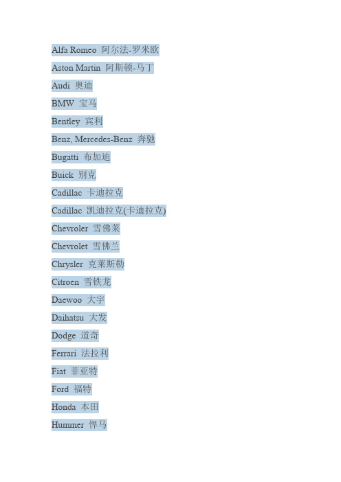 各种品牌汽车英文名
