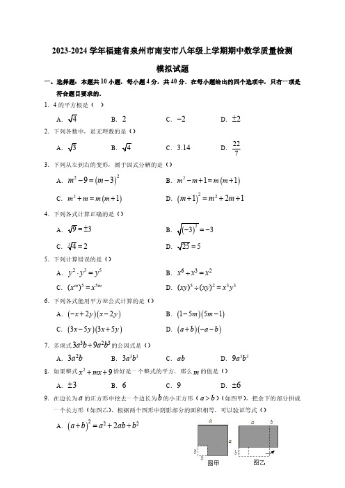 2023-2024学年福建省泉州市南安市八年级上学期期中数学质量检测模拟试题(含解析)