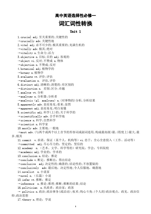 高中英语新人教版选择性必修一全册词汇词性转换汇总(分单元编排)