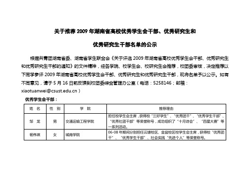 关于推荐2009年湖南省高校优秀学生会干部