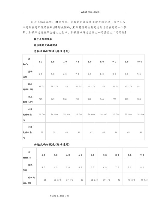 国际鞋尺码对照表