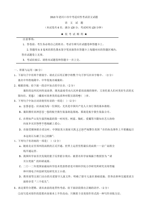 湖北省老河口市2013年中考适应性考试语文试题(Word版,含答案)