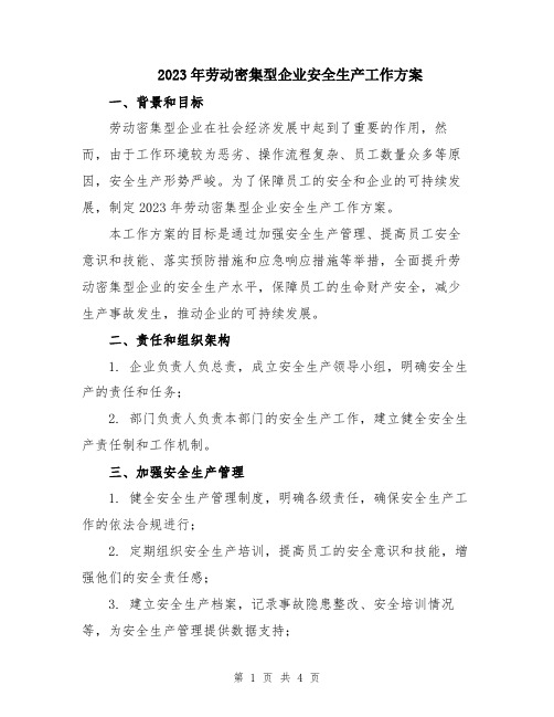 2023年劳动密集型企业安全生产工作方案