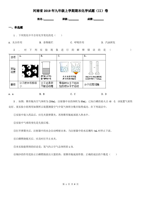 河南省2019年九年级上学期期末化学试题(II)卷