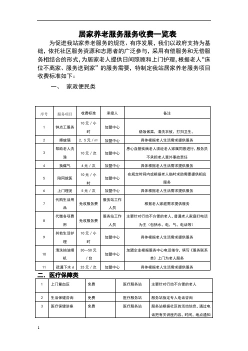 居家养老服务项目收费标准一览表