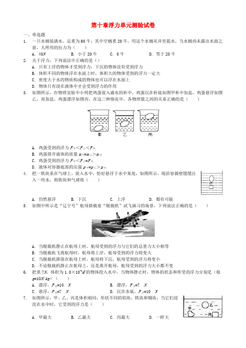 2017-2018学年八年级物理下册 第十章 浮力单元测验试卷 (新版)新人教版