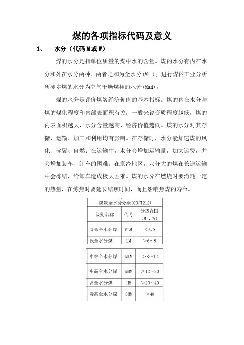 煤的各项指标代码及意义