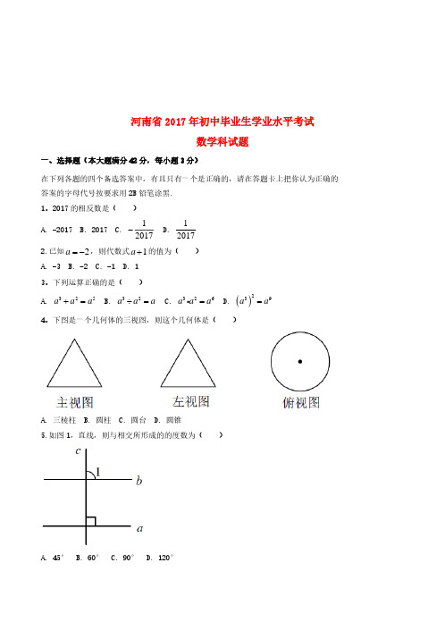 海南省2017年中考数学真题试题(含扫描答案)