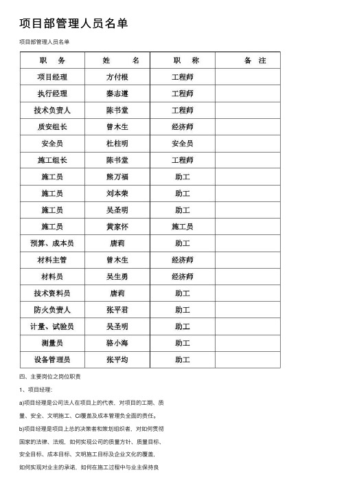 项目部管理人员名单