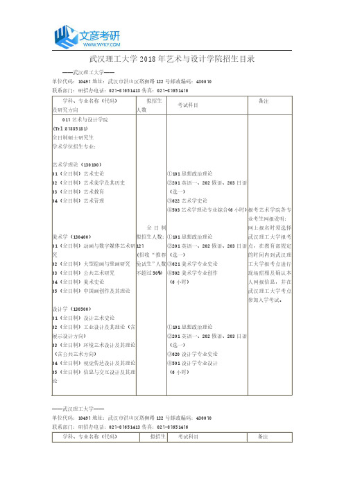 武汉理工大学2018年艺术与设计学院招生目录_武汉理工大学考研网