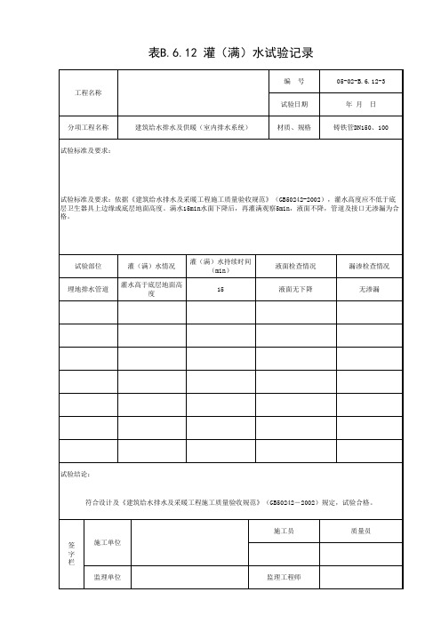 表B.6.12 灌(满)水试验记录