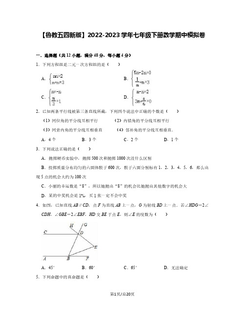 【鲁教五四新版】2022-2023学年七年级下册数学期中模拟卷(含解析)