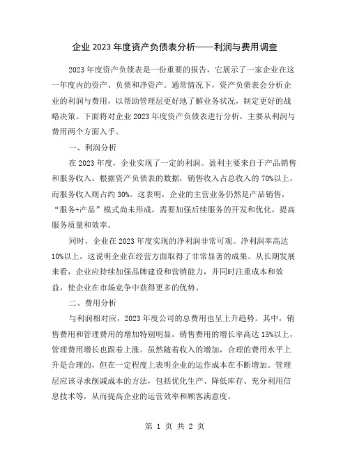 企业2023年度资产负债表分析——利润与费用调查