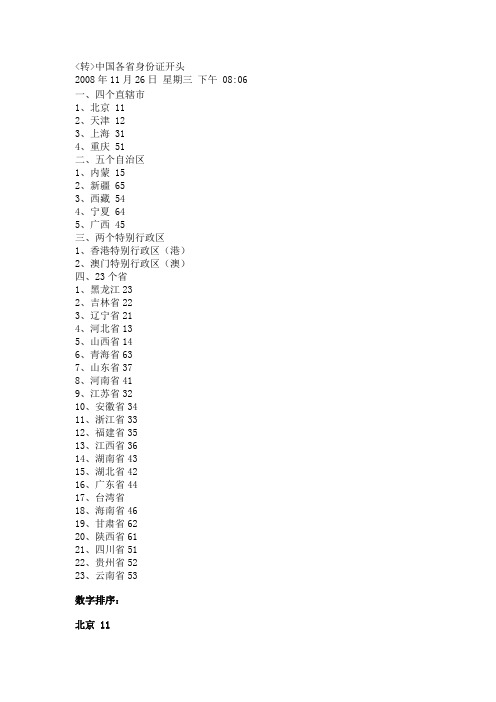 中国各省身份证开头