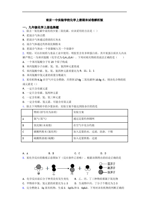 南京一中实验学校化学初三化学上册期末试卷解析版