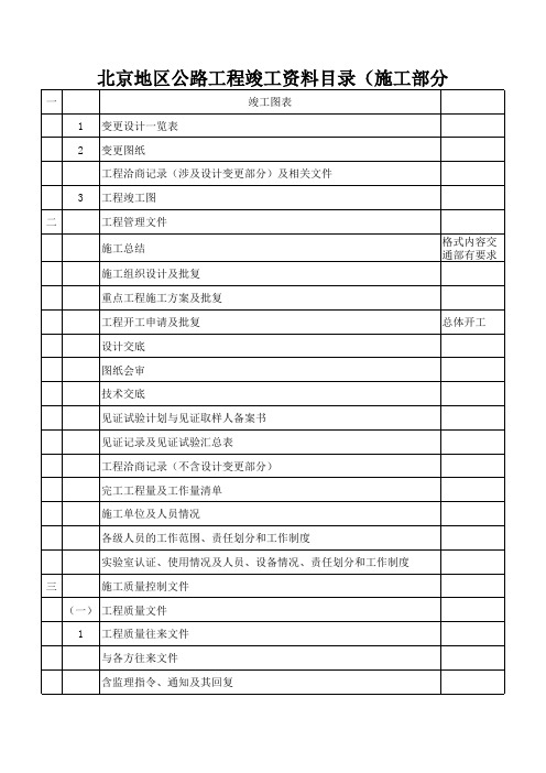 北京地区公路工程竣工资料目录(施工部分)