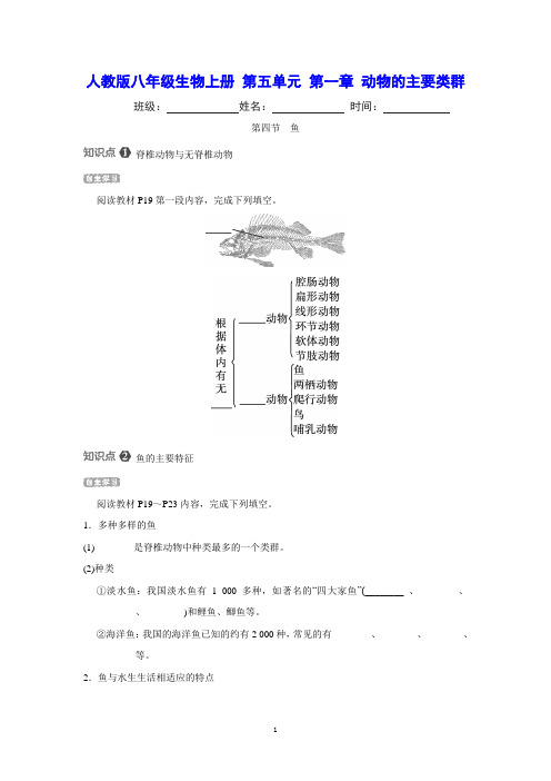 人教版八年级生物上册 第五单元 第一章 第四节 鱼 课时同步练习(含详细解答)