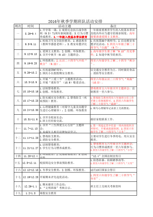 2016年秋季学期班队活动安排