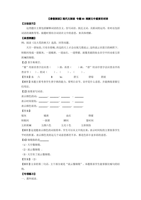 【暑假阅读】部编版三升四现代文阅读衔接讲义专题03理解文中重要的词语(有答案解析)