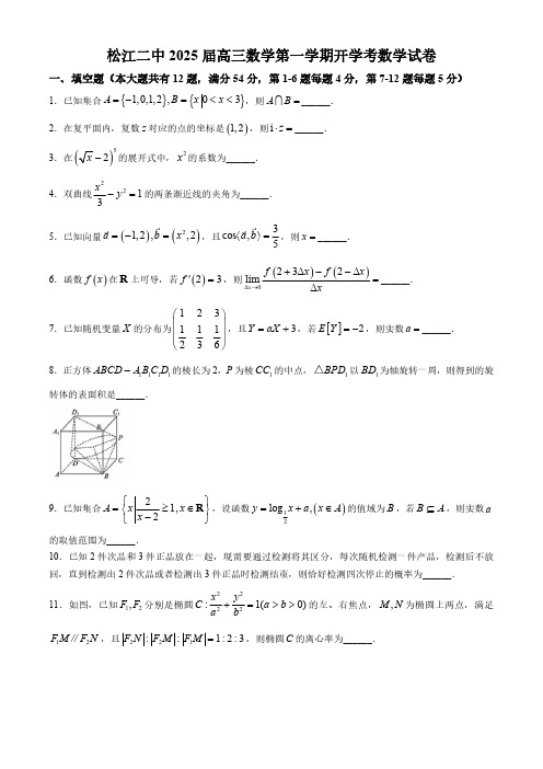 上海市松江二中2024-2025学年高三上学期开学考试数学试卷(含解析)