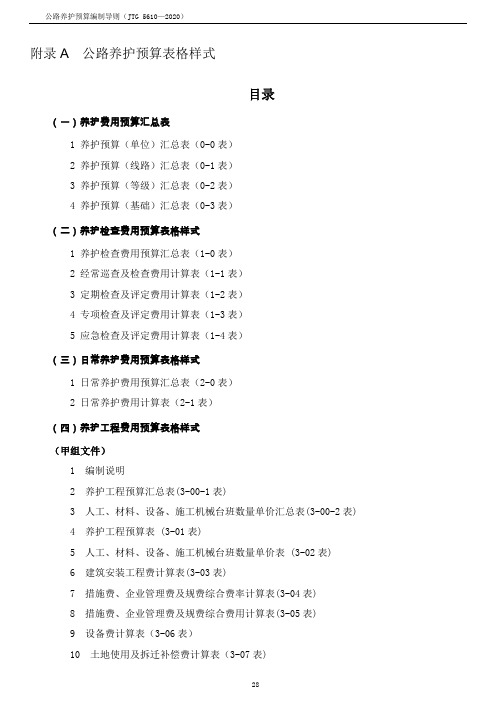 公路养护预算表格样式、养护工程预算项目表