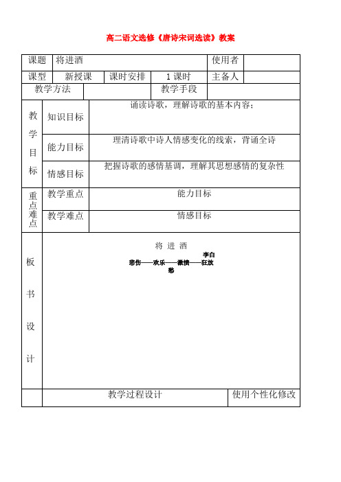 语文选修苏教版唐诗宋词选读《将进酒》教案