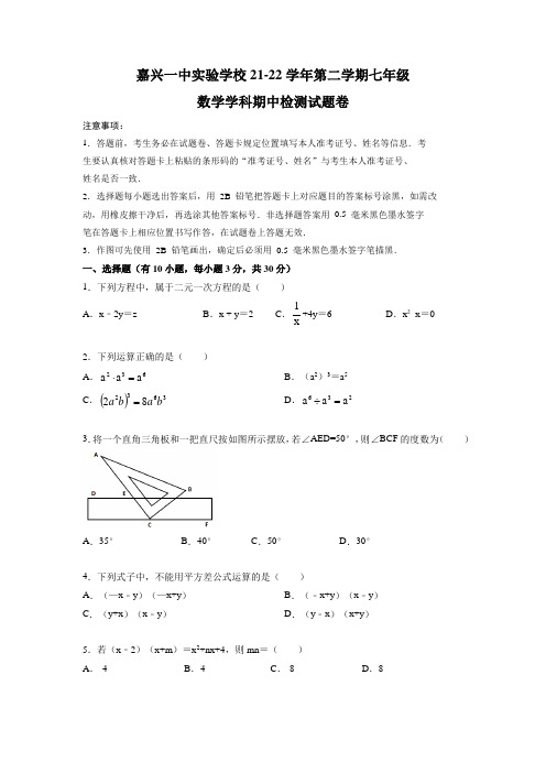 浙江省嘉兴市一中实验学校2021-2022学年七年级下学期期中考试数学试卷(含答案)