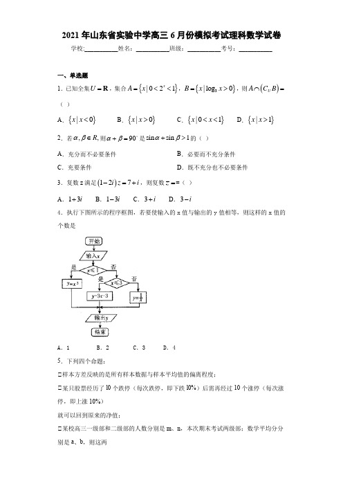 2021届山东省实验中学高三6月份模拟考试理科数学试卷