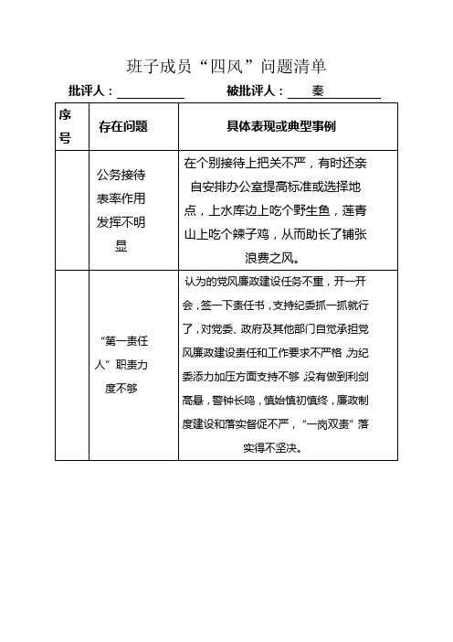 班子成员“四风”问题清单