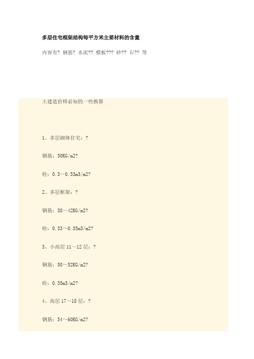 多层住宅框架结构每平方米主要材料的含量