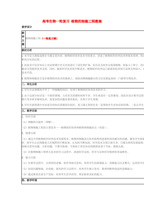 高考生物一轮复习 植物的细胞工程教案