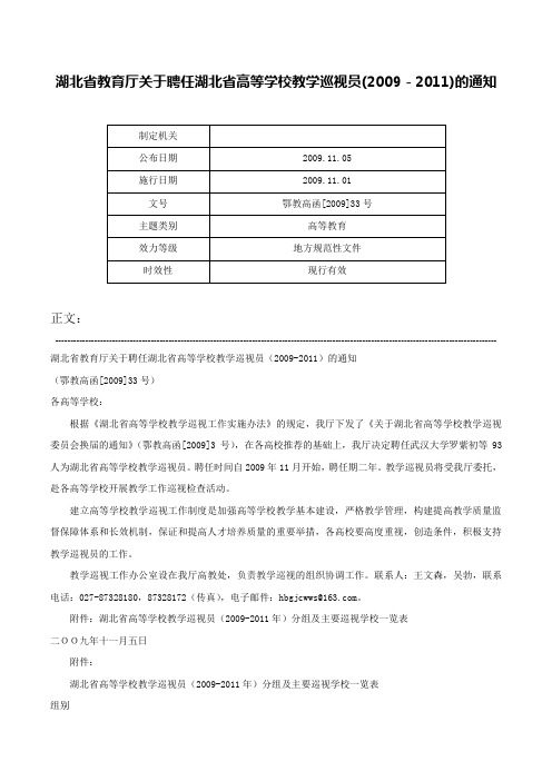 湖北省教育厅关于聘任湖北省高等学校教学巡视员(2009－2011)的通知-鄂教高函[2009]33号