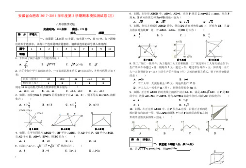 合肥市2017-2018学年度八年级下期末模拟测试卷(三)附答案-(数学)