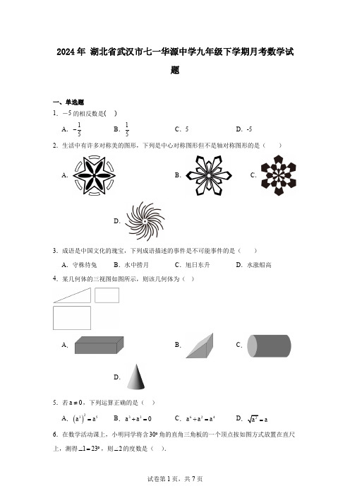 2024年湖北省武汉市七一华源中学九年级下学期月考数学试题